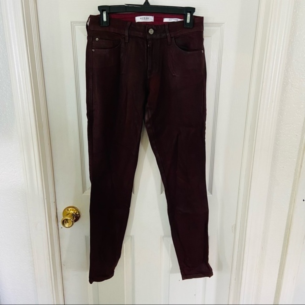 NWOT GUESS burgundy wax cotton stretch sexy curve skinny pants size 27